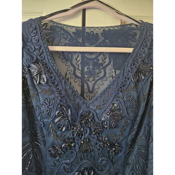 SUE WONG 3/4 Sleeve V-Neck Embellished Dress, Navy Tonal, Women's 6 NWT - Picture 4 of 10